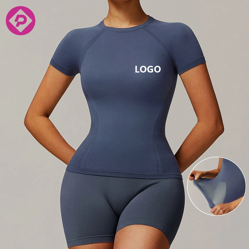 Custom Breathable Washed Gym Running Tank Top Seamless Short Sleeved Tshirt Fitness Sport Bra Yoga Activewear Women Workout