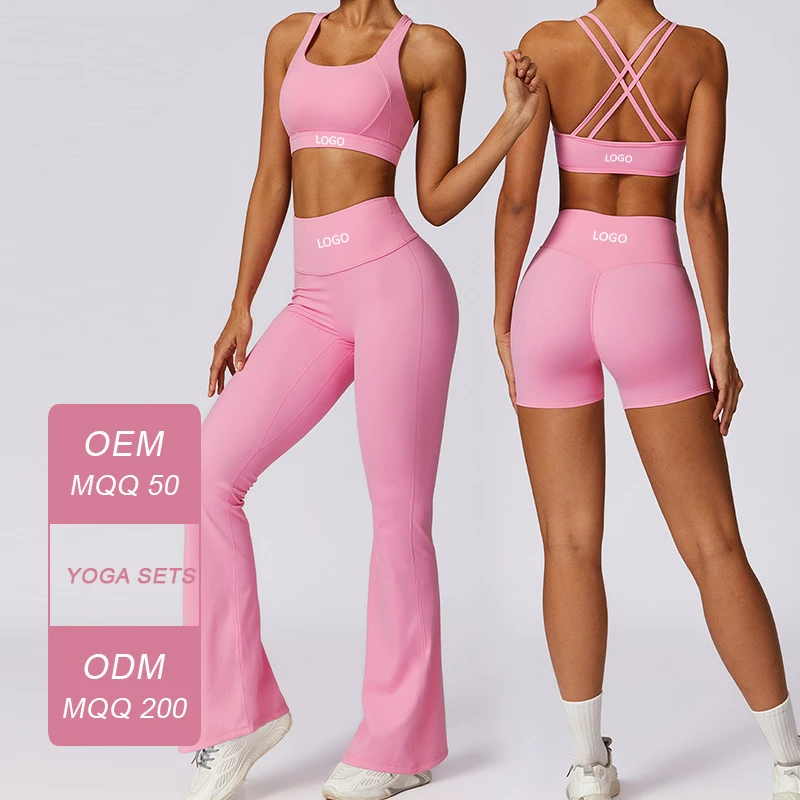 8047 Fitness Yoga Wear Cross Strap Back Bra Quick Dry Tight Yoga Set Flare Pants 2 Pieces Workout Suit Set for Women