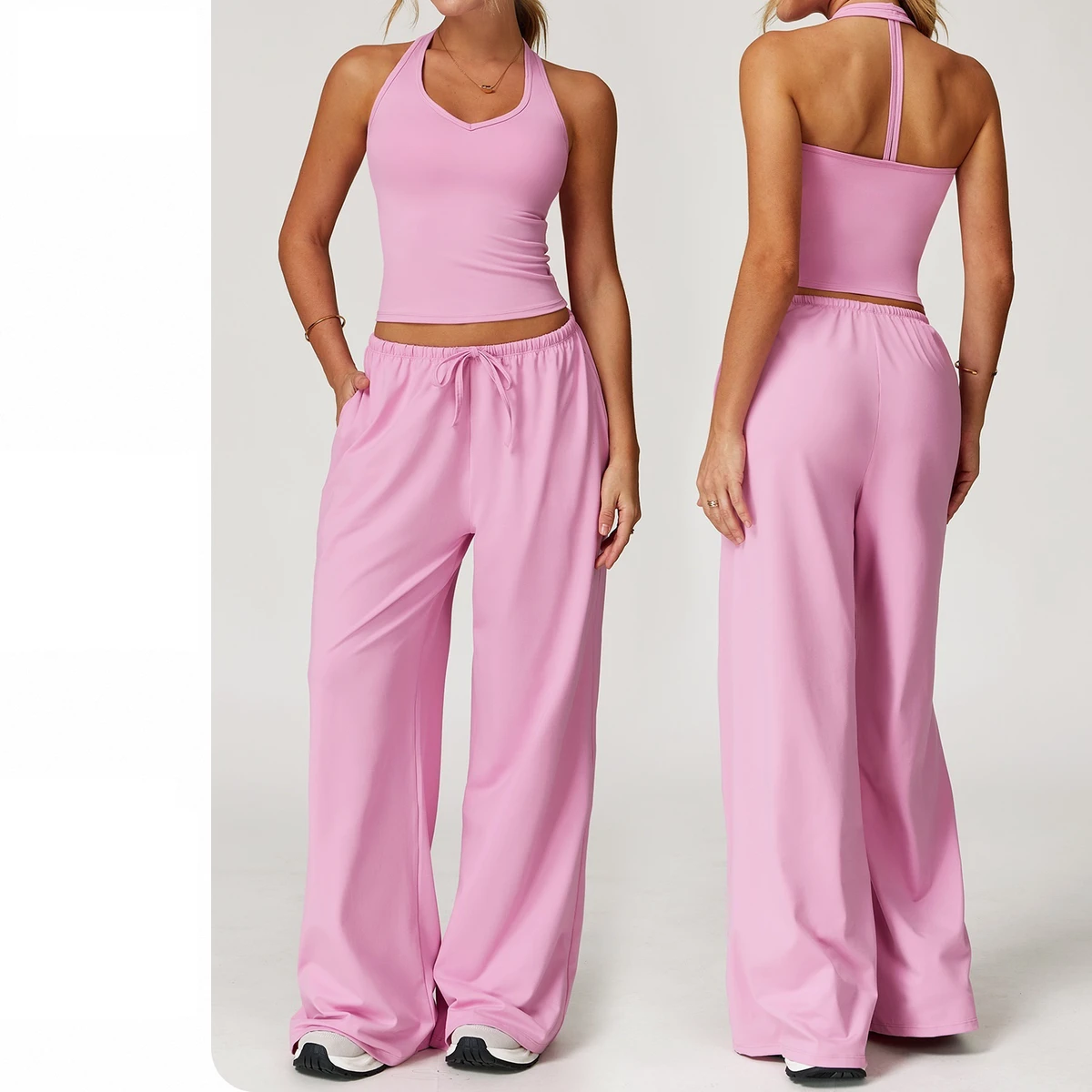 Women's Solid Color Quick-Drying Yoga Suit Beautiful Back Sling Casual Sports Running Fitness Wear Elastic Waist Closure Plus