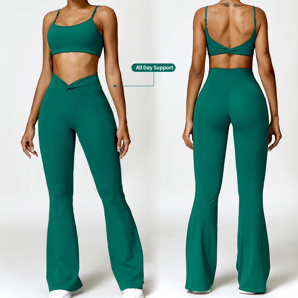 Aola Custom Women Lightweight Quick Dry Soft Twist Running Sportswear Elastic Nylon Spandex Flare Yoga Set