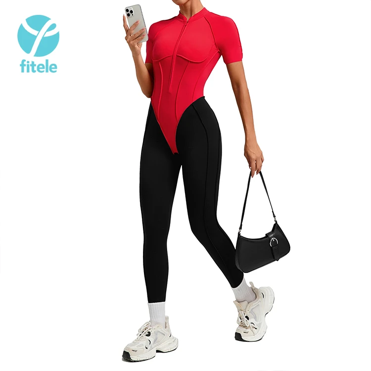 Women Breathable Four-Way Stretch Workout Yoga Stand Neck Short Sleeve Bodysuit Backless Slim Fit One Piece Suit Scrunch Sports