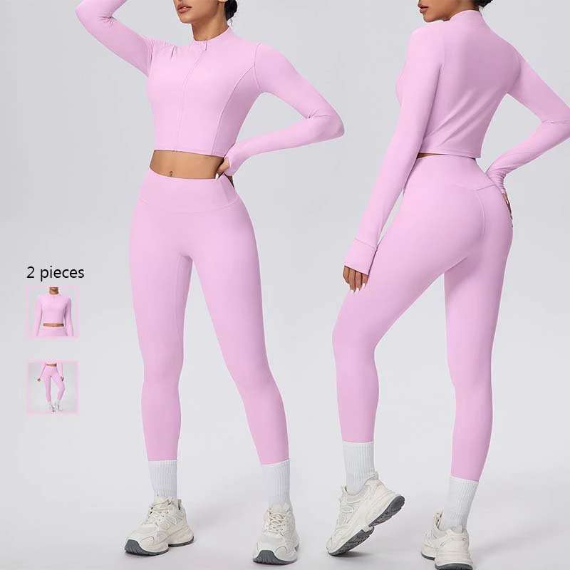2 Piece Athletic Gym Yoga Women Fitness Active Leggings and Custom Long Sleeve With Zip Jackets Yoga Sets