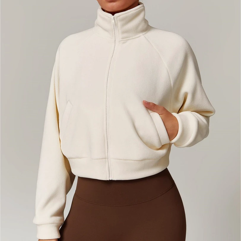 New European American Zipper Stand Collar Yoga Warm Windproof Women's Running Fleece Lined Spandex/Polyester 360g Loose Fit