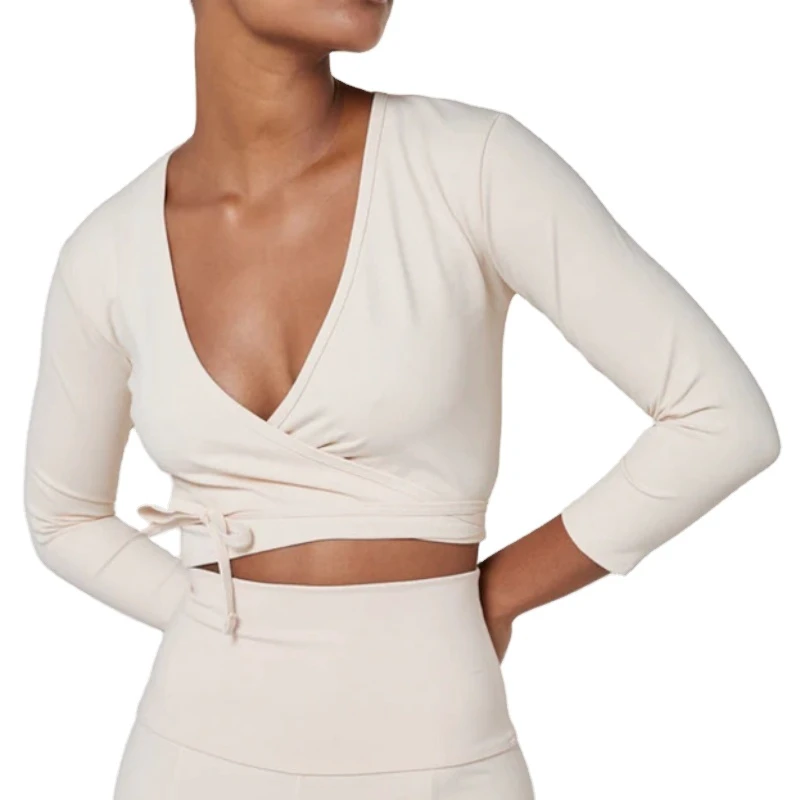 Aoyema Sexy Athletic Workout Gym Sportswear Running V Neck Yoga Cross Long Sleeve Bandage Activewear Women Crop Top