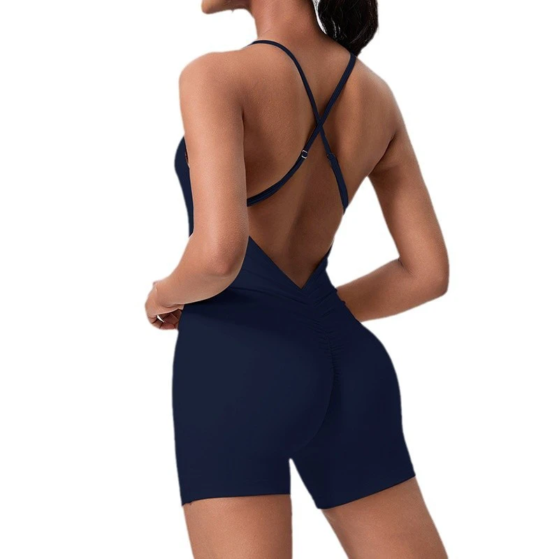 New Women's Cross-Back Spaghetti Strap Nine Quarter Sleeve Tight Seamless Spandex/Nylon Full-Length One-Piece Yoga Suit