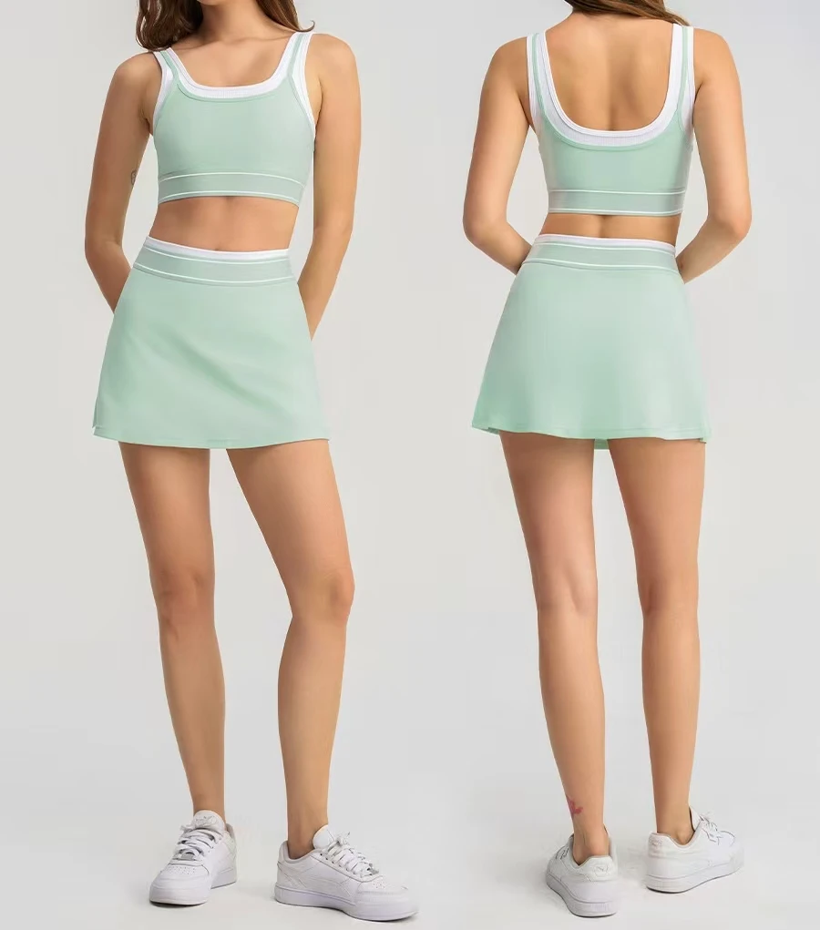 Two-piece Color-matching White-striped Unisex Polyester Drawstring Closure Sports Bra Shorts for Running Exercising Tennis Yoga