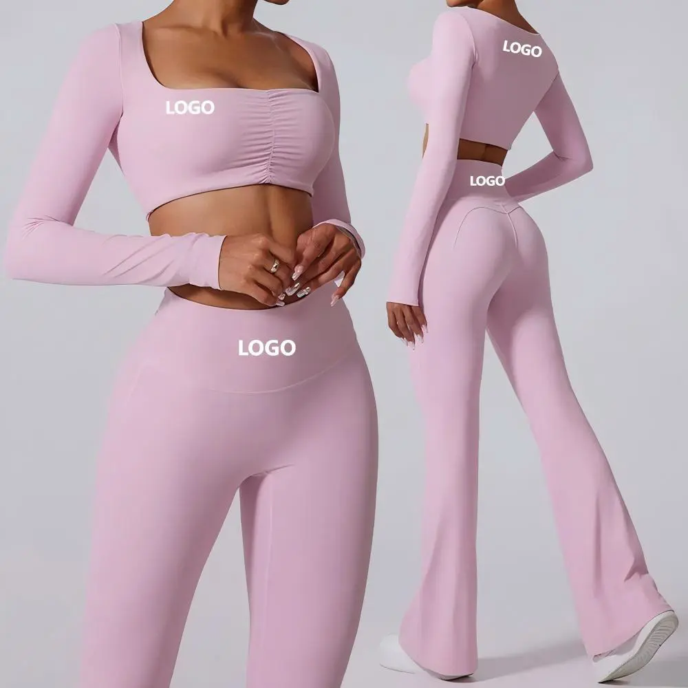 Custom Women's Gym Sportswear Sexy Long Sleeve Crop Tops Yoga Leggings Elastic Waist Front Logo Solid Plus Size