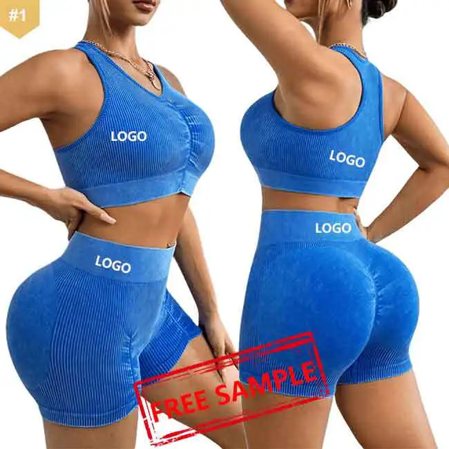 Seamless Brushed Washed Yoga Wear Women Shockproof Running Sports Bra Fitness Quick Dry High Waisted Yoga Shorts 2 Piece Gym Set