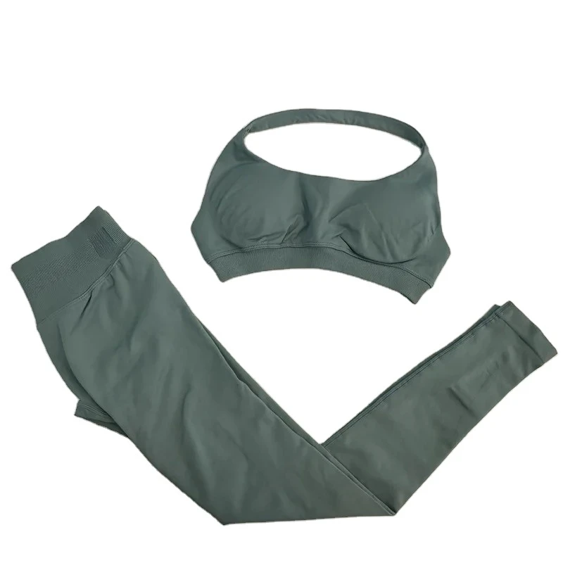 2 Pieces Solid Color Women's Breathable High Quality Yoga Set Low Waist V-neck Strapless Spandex/Polyester Leggings Sports Bra
