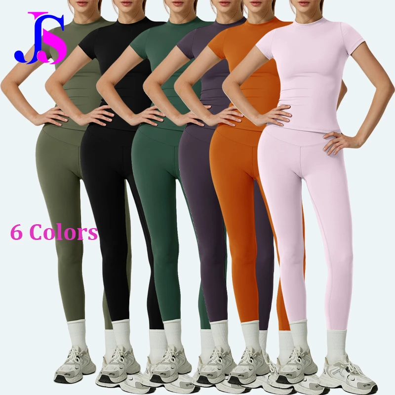 Spandex/Nylon Solid Color Women's Yoga Set Breathable 2-Piece Spring Summer Short Sleeve Trousers & Sports Suit