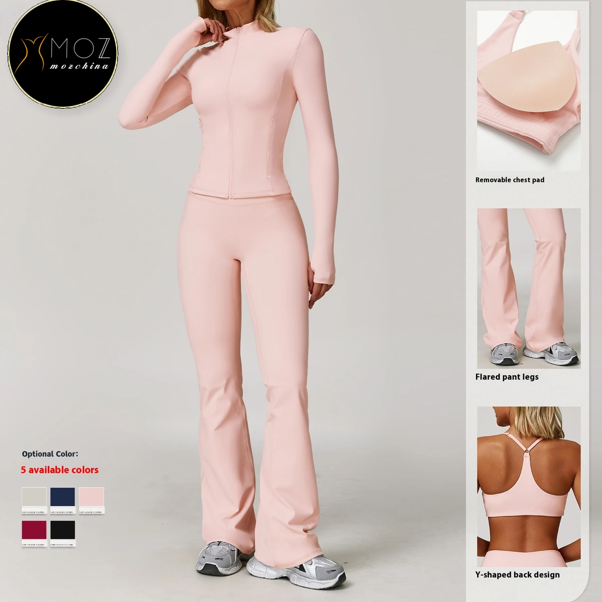 Women's Quick Dry Gym Running Set Brushed Yoga Jacket with Full Zip & High Waist Flared Pants Tummy Control 2PC Set Front Logo