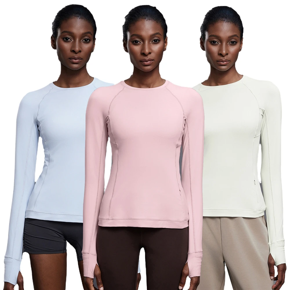 Custom Logo Round Neck Sports T-shirt Women's Elastic Tight Long Sleeve Yoga Wear Running Training Fitness Top Autumn