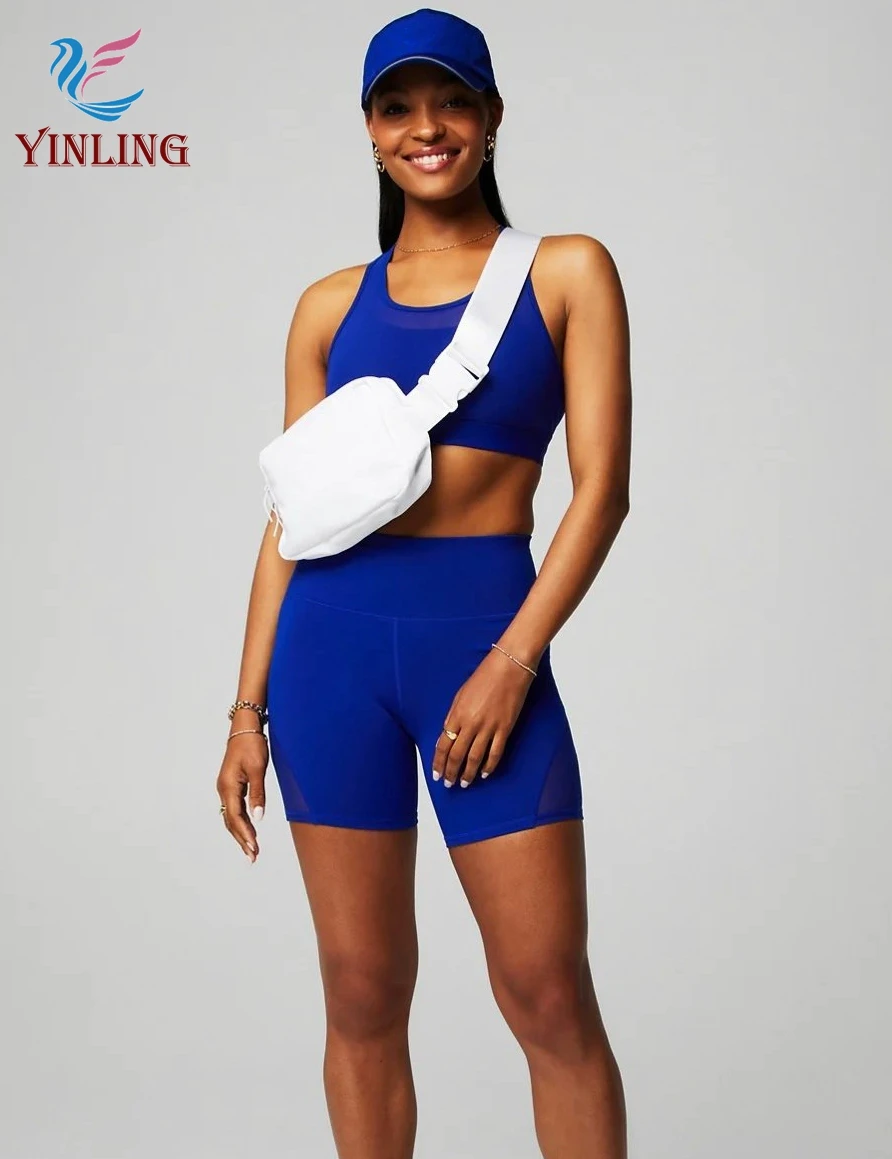Women's New Adjustable High Support Sports Bra Shorts 2pcs Mid Waist Fitness Yoga Set Workout Tennis Activewear Clothing Solid
