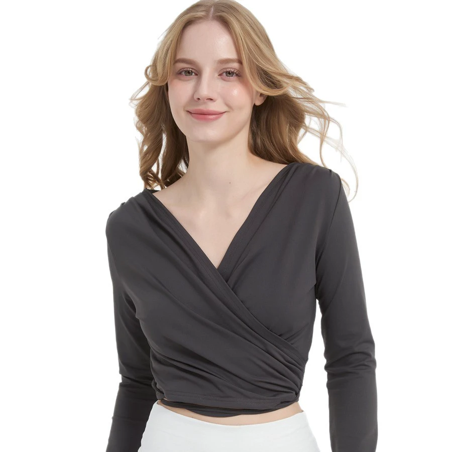 2026 Spring Breathable Tight-Fitting Yoga Top Womens Sports Running Pilates Workout Wear Cross-Strap Long-Sleeve Tunic V-Neck