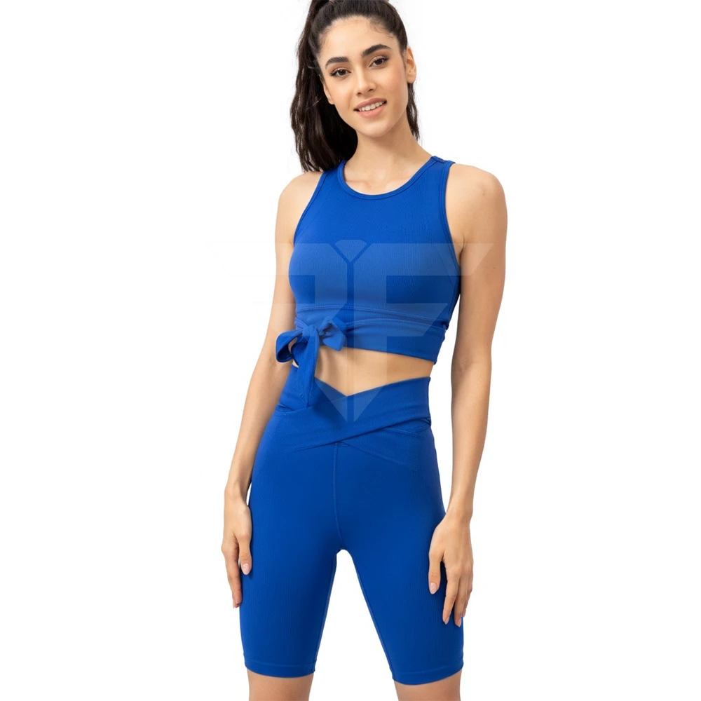 OEM Services Women's Yoga Set Eco-friendly Front Crossed High Waist Workout Shorts Quick Dry Ribbed Sports Bra