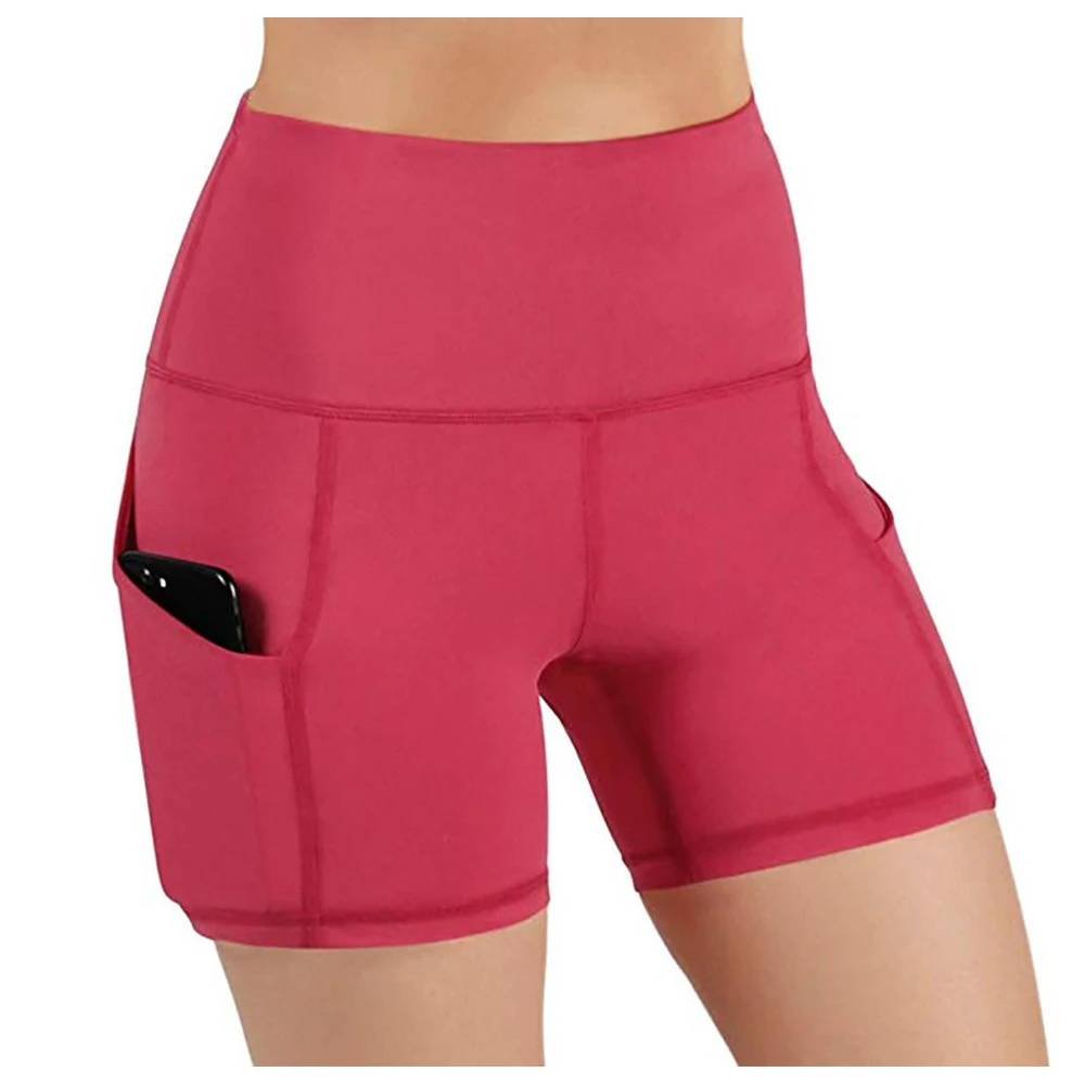 High Waist Solid Elastic Waist Phone Pocket Women's Shorts Fitness Sexy Compression Scrunch Butt Seamless Workout Yoga Shorts