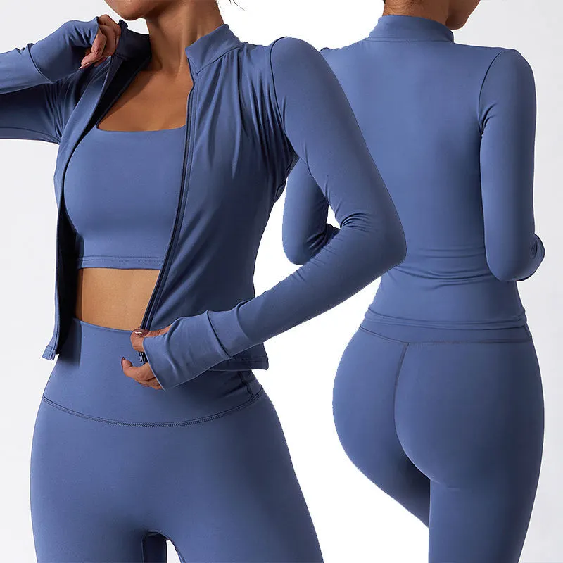 Custom Logo Women's Gym Wear Set Breathable 3-Piece Sports Bra Workout Leggings Jacket-Lightweight Yoga Top Sportswear Plus Size