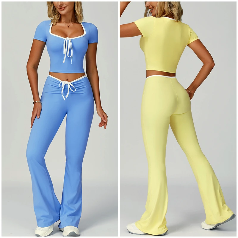 TZ2017 2 Pieces Women Yoga Set Fitness Sport Workout Clothes Active Wear High Stretchy Fit High Waist Flare Pants Set