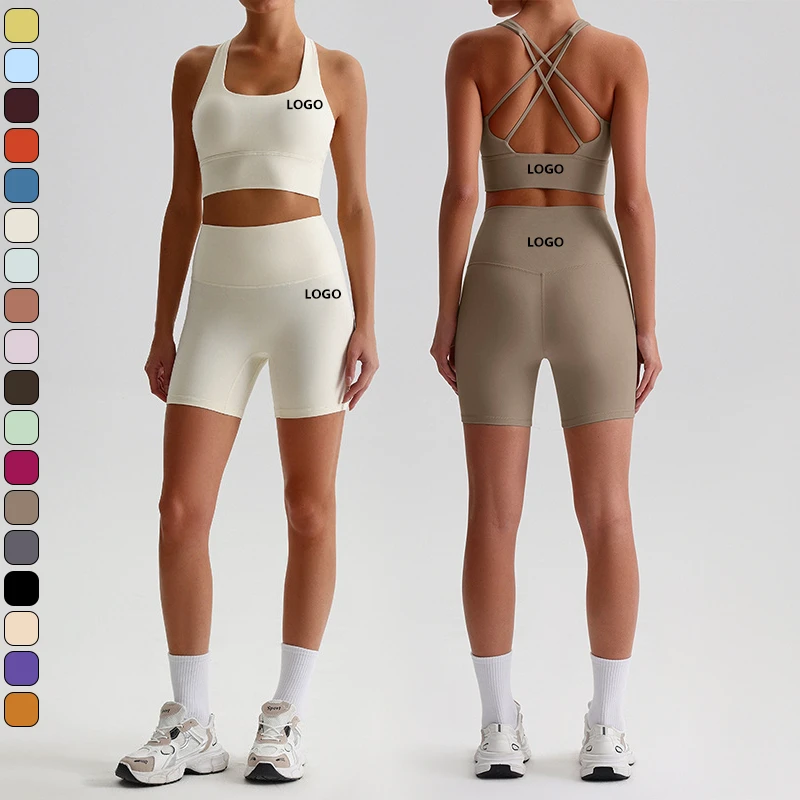 Custom Womens Sportswear Set Comfortable Sleeveless Bra & Compression Crossover Back Running Shorts Fitness Wear Supplier