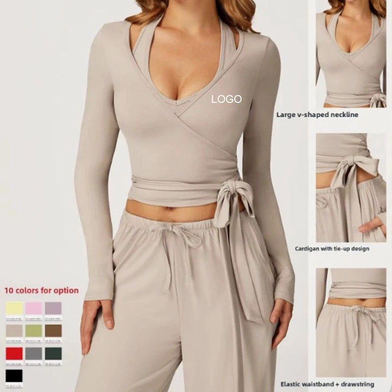 High-End Women's Sports Fitness Wear Personalized Lightweight Brushed Yoga Outfit Long Sleeve One-Piece Tie Plus Size Breathable