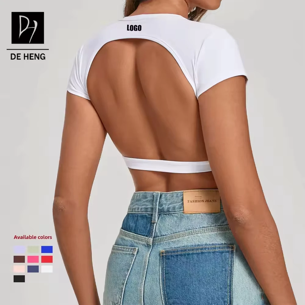 Padded Women Sexy Back Open Athletic Short Sleeve Shirts Fitness Yoga Sports Bra Lightweight Breathable Workout Crop Tops