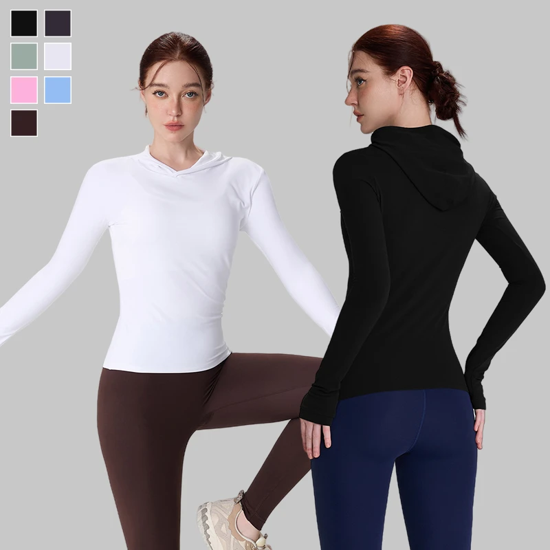 Custom Logo Breathable Thumb Hole Running Workout Tops Long Sleeve Gym Fitness T Shirt Hooded Yoga Shirts for Women