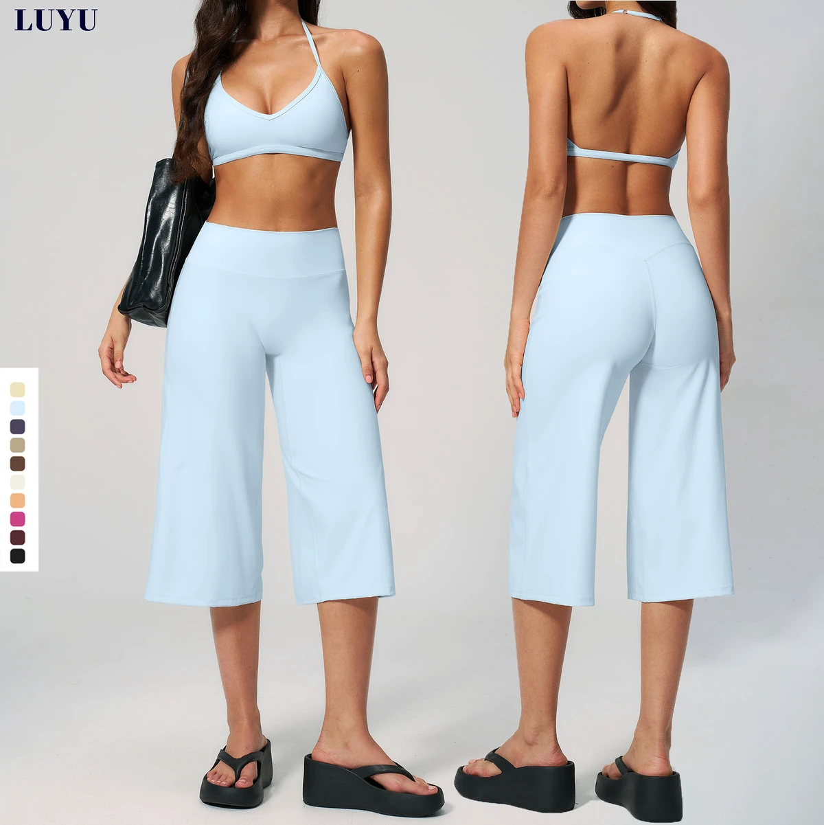 CUSTOM LOGO Luxury Women Workout 2 Piece Halter Backless Bra High Waist Wide Leg Capris Sets GYM Pilates