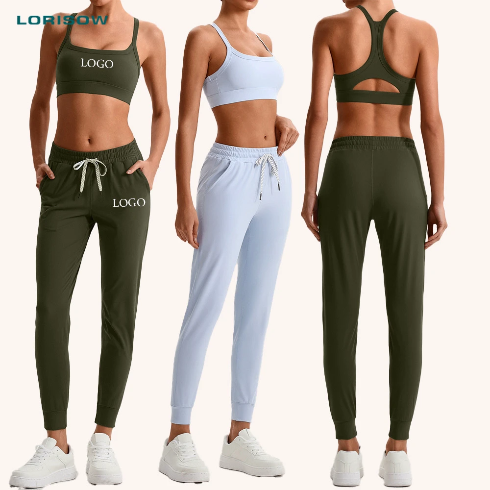 LORISOW Solid Yoga Suit Sports Set Slim-fit Jogging Pants Fitness Sets Racerback Sports Bra High Waist Drawstring Jogger