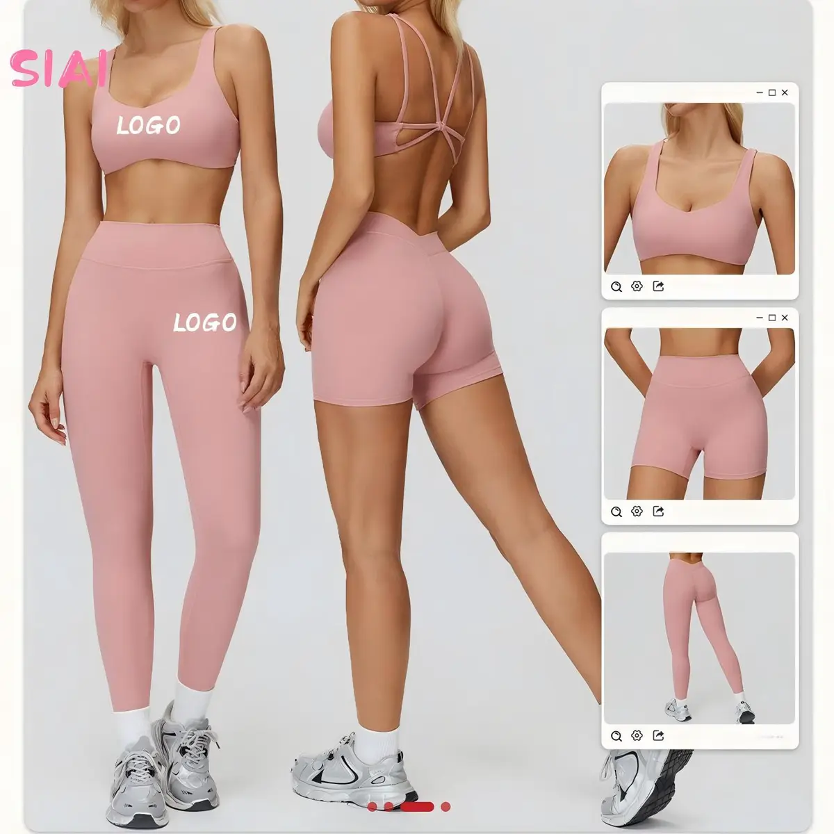 New Arrival Solid Activewear 3-Piece Set Lightweight Breathable Cross Back Removable Padded Crop Tops Yoga Bra Butt Lifting