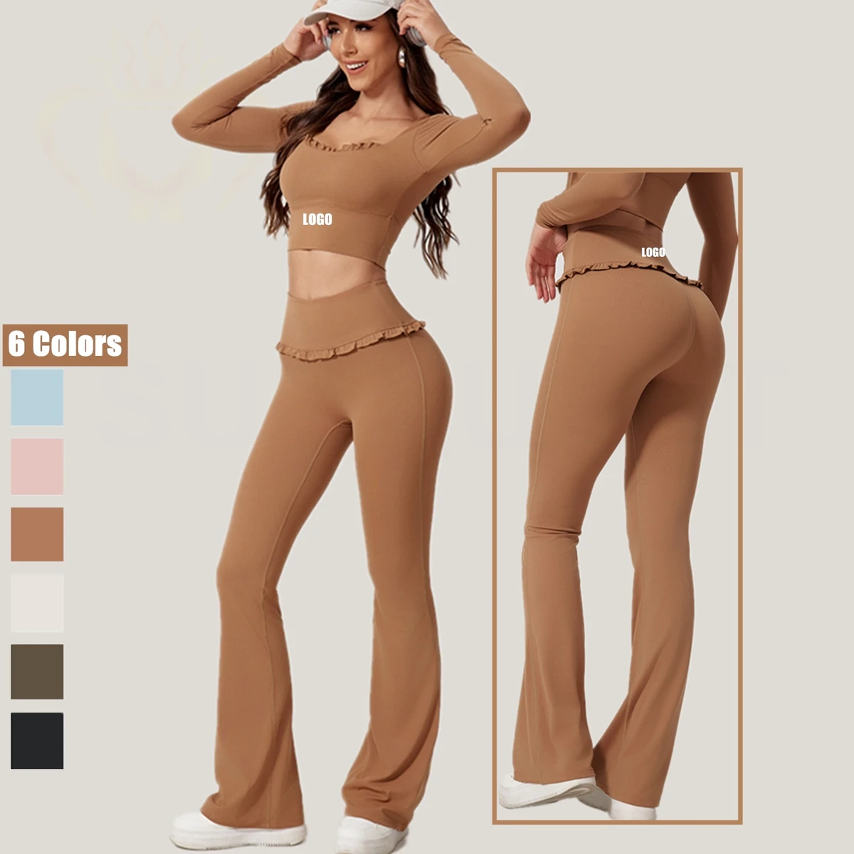 Quick Dry Long Sleeve Yoga Sets High-waisted Hip Lift Ruffled Nude Active Stretch Yoga Sports Gym Fitness Pilate Outfit Sets