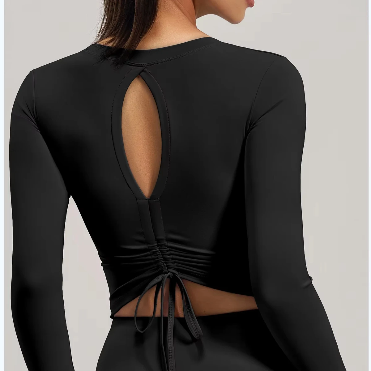 Beauty Back Yoga Clothes Women's Crew Neck Breathable Pleated Slim Fitness Top Chest Pad Running Sports Long Sleeve