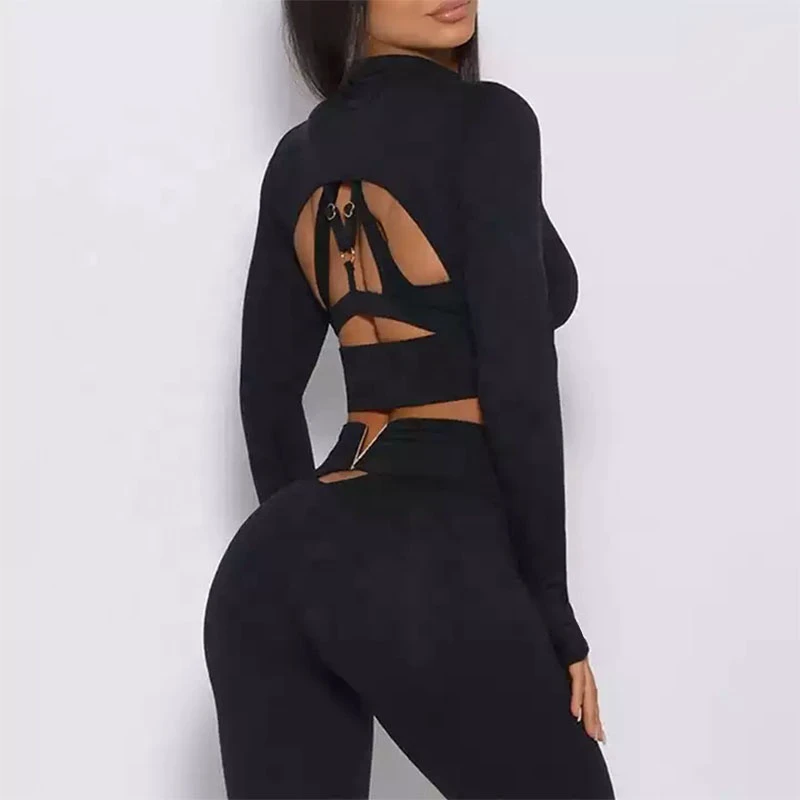 Custom Logo Wholesale 3 Piece Sportswear Long Sleeve Crop Top Pant Yoga Workout Set Women Clothing Active Wear Gym Fitness Sets
