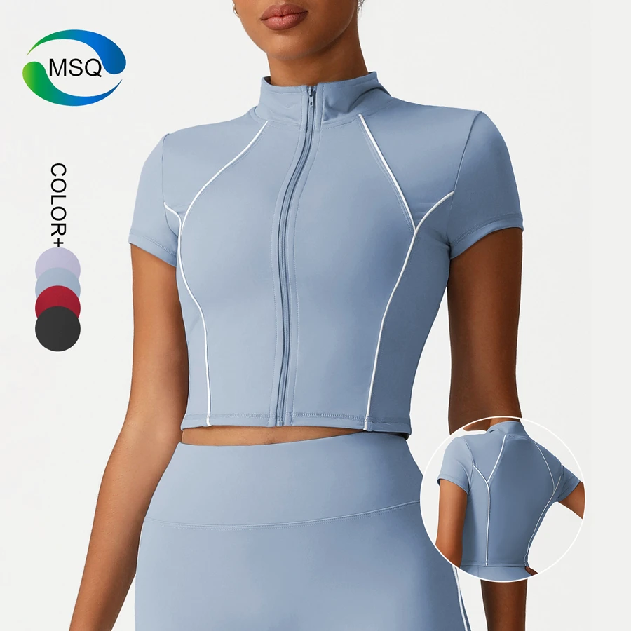 Women Sportswear Girls Short-sleeved High Elastic Summer Casual Female Short Jacket Yoga Top Activewear Cropped Top with Zipper