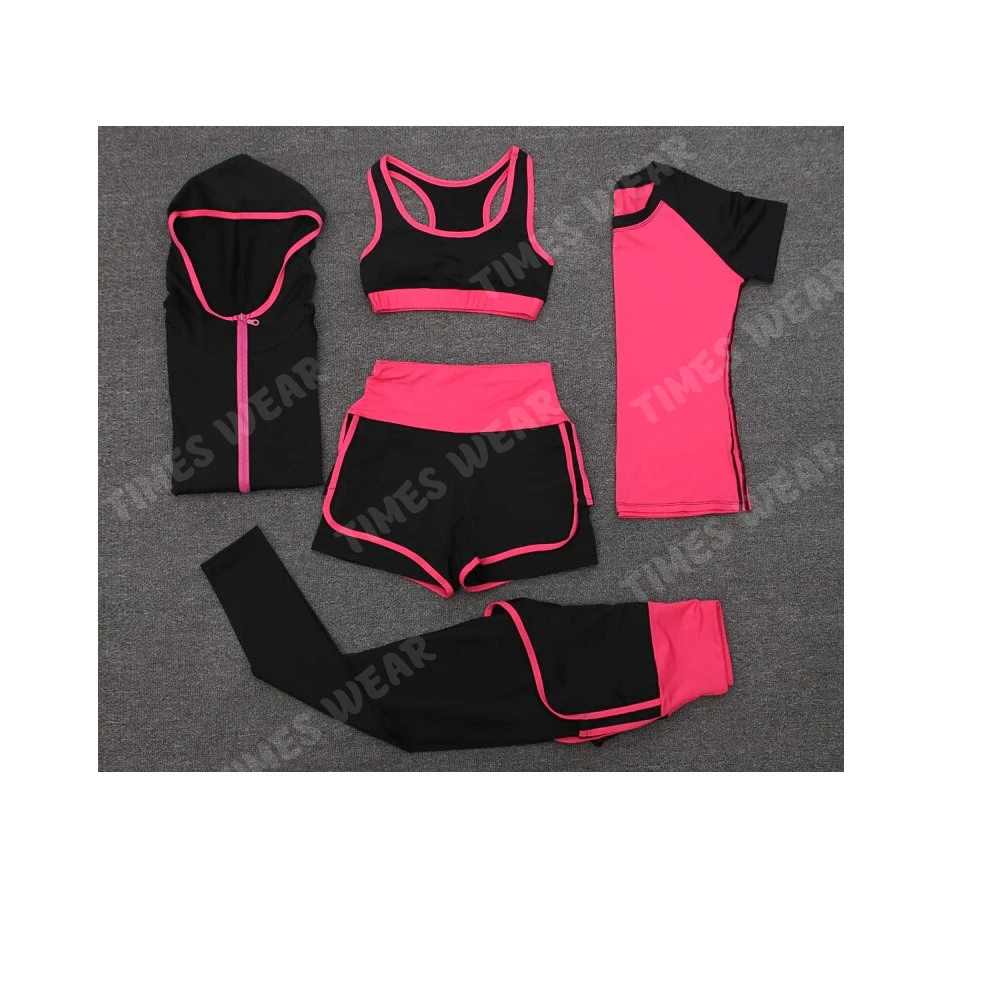 High Waist Pants+Shorts+Bra+T Shirt+Coats Women Sportswear 5 Pieces Set Outdoor Running Quick Dry Yoga Clothing Fitness Gym Sets