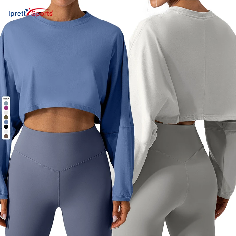 High-Quality Fabric Round-Neck Sweatshirt Loose Long-Sleeved Crop Tops Moisture-Wicking Gym Fitness Running Yoga Wear for Women