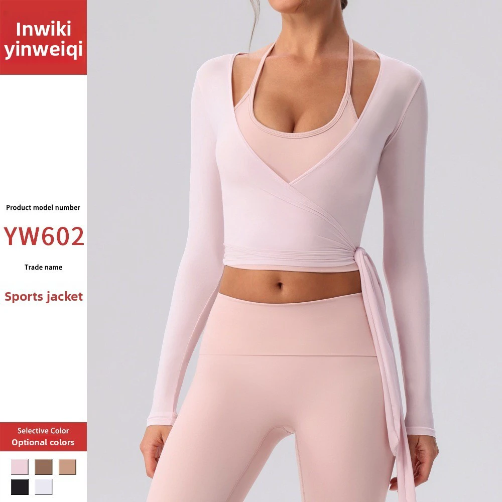 Cross-border New Long-Sleeve Sexy Strappy V-Neck Top Breathable Spandex/Nylon Instagram-Style Autumn Pilates Yoga Wear Womens