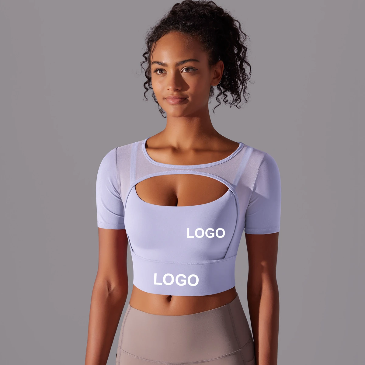 Women's Mesh Breathable Hollow Out Double-Layer Short Sleeve Strap Push-Up Sports Bra Running Fitness Solid Color Yoga Top