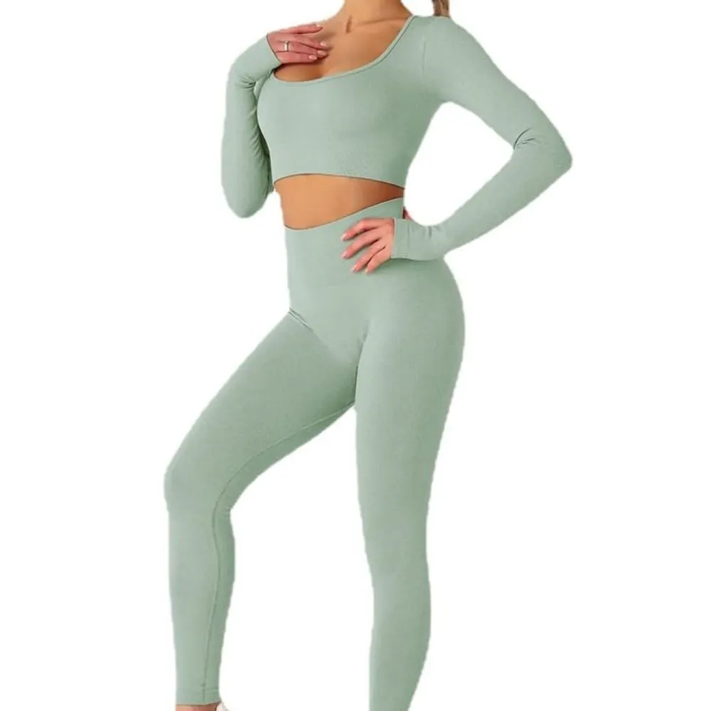 Lightweight Yoga Wear for Summer Seamless Long Sleeve Top High Waist Leggings Sage Green Breathable Gym Wear