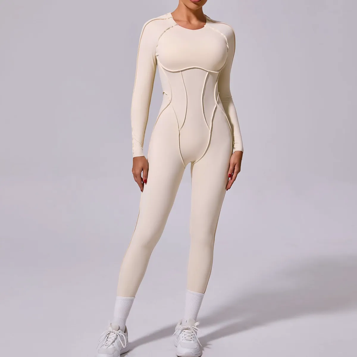 High Waist Elastic Closure Solid Pattern High-Sitting One Piece Sports Yoga Suit Long Sleeve Backless Design Breathable