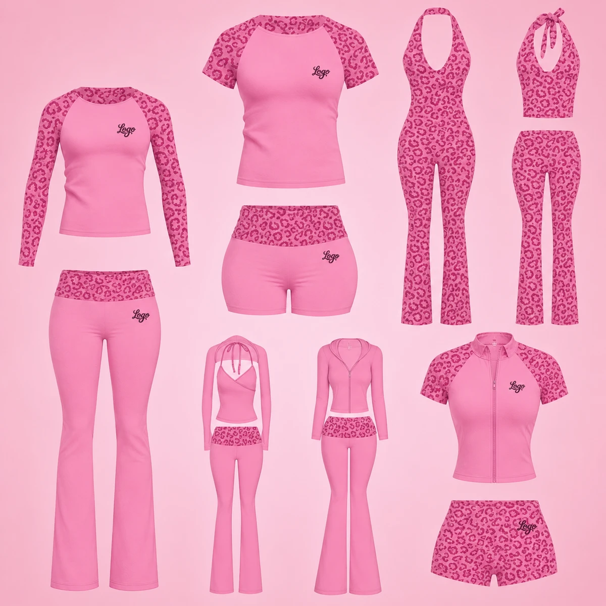 Custom Women's Pink Leopard Print Yoga Set Long Sleeve Crop Top & Shorts With Leggings Fitness & Gym Activewear