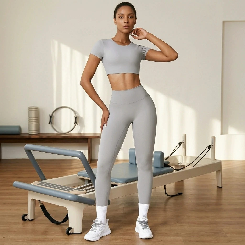 Women's High-Intensity 2-Piece Yoga Set Short Sleeve Top High Waist Shorts Front Logo Waterproof Fitted Spandex/Nylon Fitness