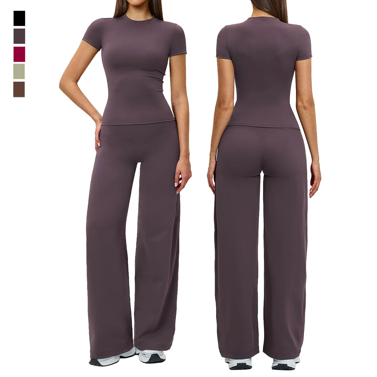 Women Tracksuit Round Neck Sports T Shirt Elastic High Waist Wide Leg Pants Soft Yoga Set Women Gym Workout Fitness Activewear