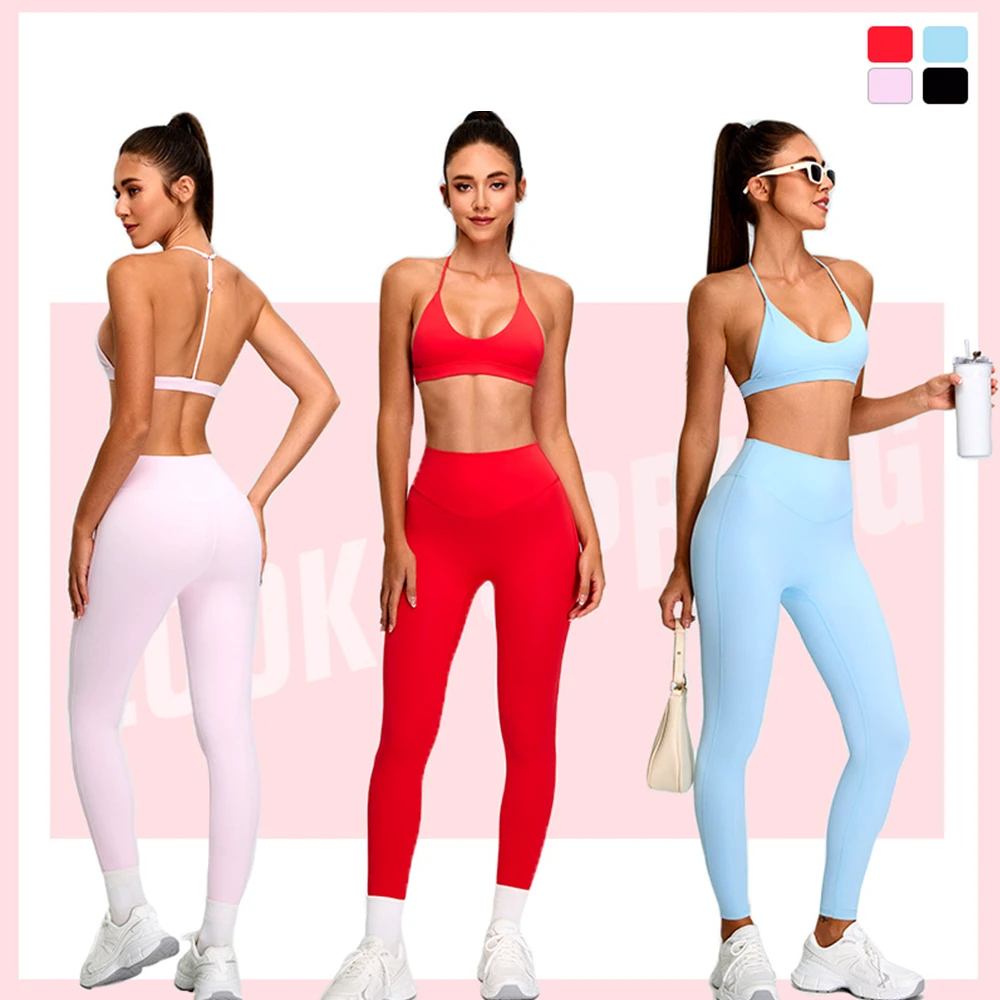 Custom Quick Dry New Sexy Spaghetti Strap Backless Sports Bra Yoga Comfortable Long Legging Pants Gym 2 Piece Wear Workout Sets