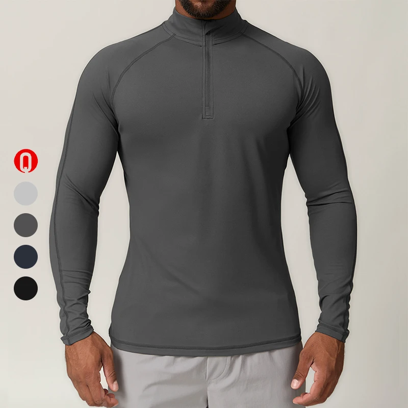 New Arrival Long Sleeve Jogging TShirt Lightweight Moisture Wicking Breathable Gym Tops 1/4 Zip Tees Stand Collar Men's T Shirt