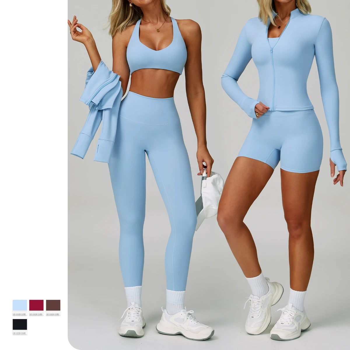 Wholesale Activewear Tennis Gym Fitness Set Sports Wear Gym Yoga Bra Leggings Jacket Quick Dry Fitness 4 Pieces Yoga Set
