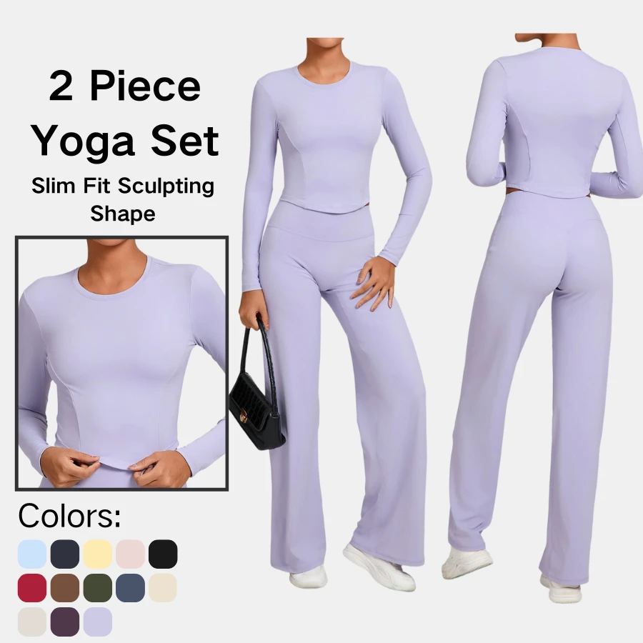 Women Two Piece Long Sleeve Crop Top Round Neck High Waist Wide Leg Pants Set Yoga Gym Workout Training Fitness Casual Lounge