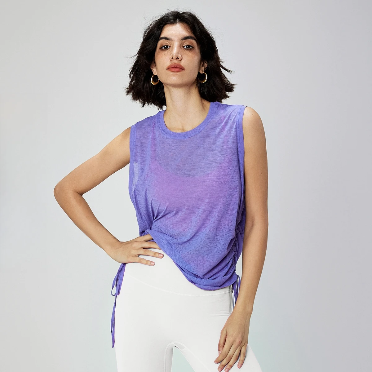 Slub Yarn Summer Breathable Yoga Vest Women's Round Neck Sleeveless Blazer Hem Drawstring Yoga Smock