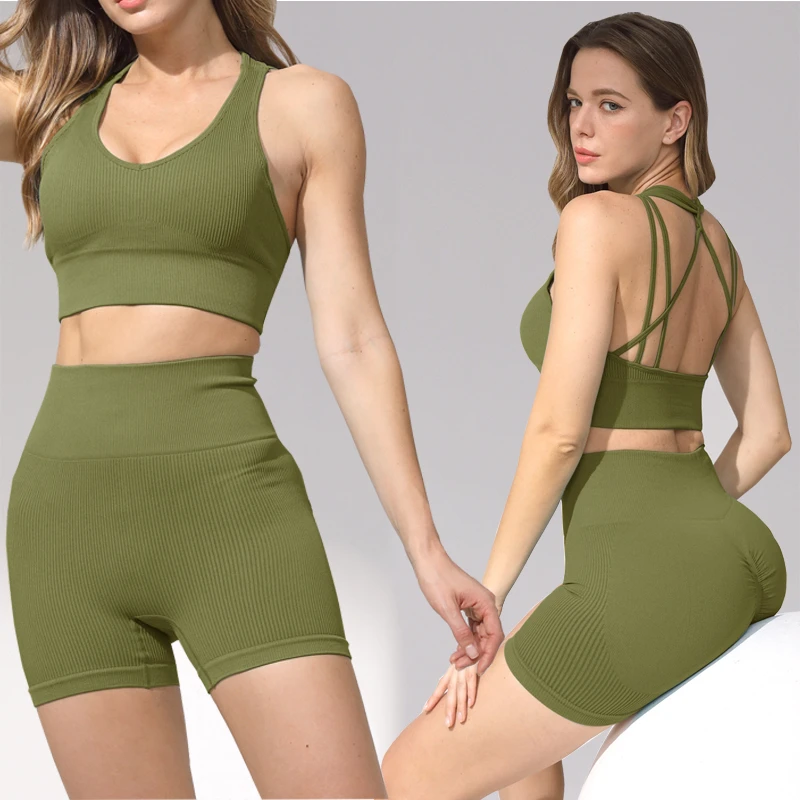 Best Sale Cross Straps Backless Sport Bra Yoga Shorts Yoga Leggings Women Workout Clothes 2 Pcs Gym Fitness Sets