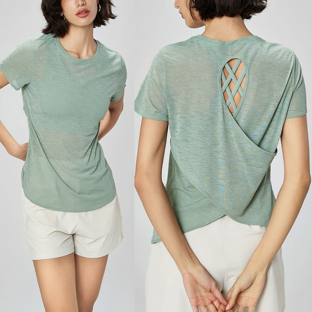 Summer Light Breathable Yoga T-shirt Hollowed Out Beautiful Back Sports Top Women's Yoga Suit Round Neck Fitness Short Sleeved