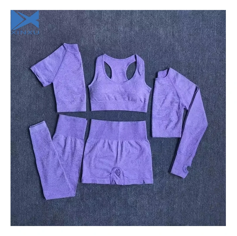 XINXU New Compression Womens Yoga Soft Elastic Sports Running Fitness Gym Seamless 5 Piece Yoga Set